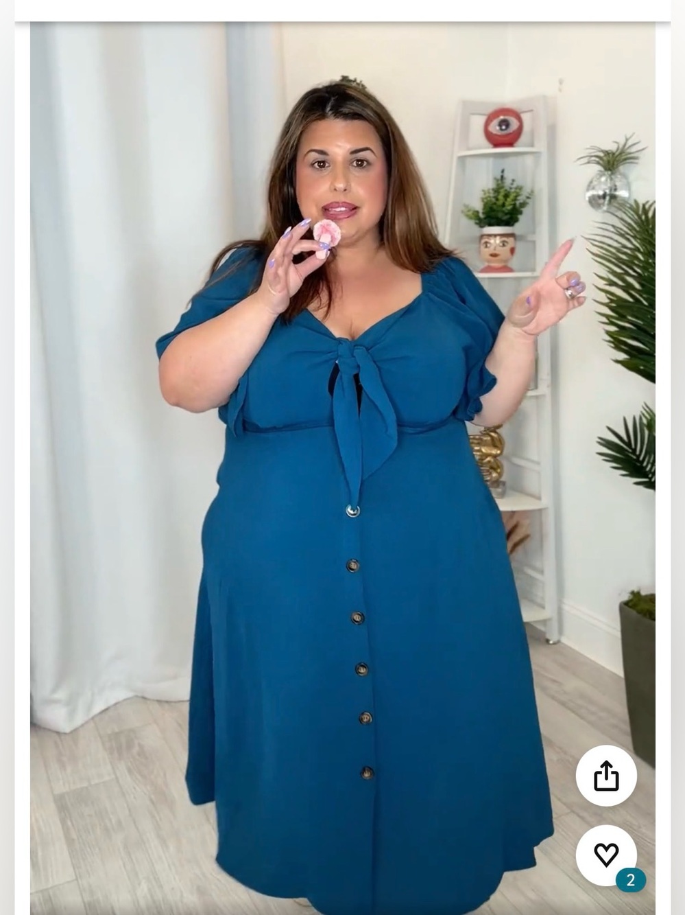 Plus Size Teal Tie-Front Button Midi Dress